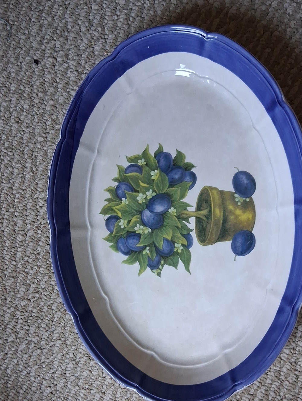Ceramica Due Torre Blue Rim Oval Ceramic Serving Platter with Plum Motif Italy
